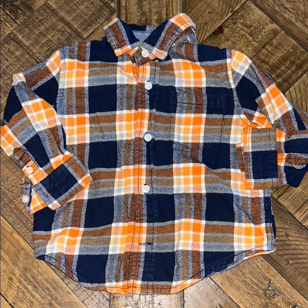 212.  Gymboree Flannel Plaid Kids Shirt - Orange, Blue, & White  size 18-24 m